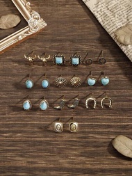 10對/套歐美復古西部風格合金土耳其石紋耳環套裝,包括牛仔帽、馬蹄鐵、靴子、牛頭、心形、正方形、水滴和圓環