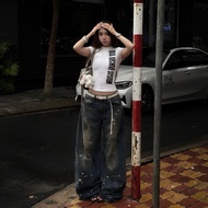 [ BASIC SET PREMIUM ] SLIMFIT DANANJI bbtee shirt ver 5 - Random painted wash wide leg jeans, JEANS 