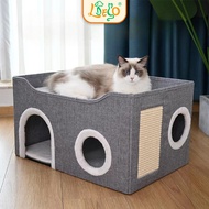 LDECO Foldable Cat House with Scratching Board | Kitten Tunnel Villa | Semi-Enclosed Cat Bed