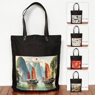 Black Canvas Tote Bag with Pockets, Hanoi Vietnam Souvenir