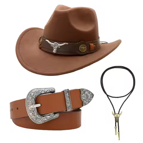 M68C 3Pcs Cowgirl Hats Buckles Belt Western Cowgirl Costume for Halloween Party Dressing Up Pretend