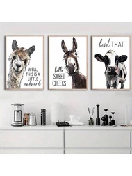 3入組農舍風格浴室標誌(羊駝、母牛、驢子),家居裝飾海報、壁畫、壁飾,無框式
