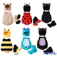 AQQ-Baby Halloween Animal Costume Plush Sleeveless Crew Neck Romper Hat Shoes Party Clothes
