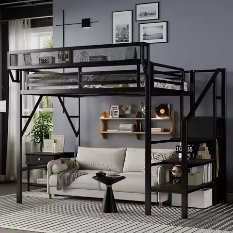 Twin Size Loft Bed with Stairs and Storage, Metal Loft Bed Frame with A Shelf and Large Under-Bed Sp