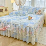 3pcs set Thickened Bed Skirt Printed Floral Bed Sheets with Lace Decor Quilted Mattress Protector Sk