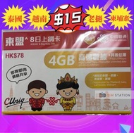 (大特價)中國聯通 4G 8日香港 泰國 老撾 柬埔寨 越南 東盟通用無限上網卡