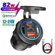 New Waterproof 4-Port PD QC3.0 Fast Charging Car Charger Socket with ON/OFF Switch12V-24V Universal 