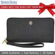 Tory Burch Wallet With Gift Paper Bag Long Wallet Emerson Saffiano Leather Wristlet Wallet Black # 74179D1