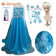 Dress for Kids Girl Frozen Elsa Cosplay Costume Blue Long Sleeve Snow Queen Princess Dress with Cape Crown Wig Accessories Nail Stickers Clothes for Girls Outfits