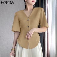 VONDA เสื้อผู้หญิงคอวีมีกระดุมชุดฟุตบอลแขนสั้นไม่สม่ำเสมอ