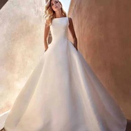 คลอดบุตรเจ้าสาว ชุดราตรี ผ้าซาติน ผ้ายาวรถไฟงานแต่งงาน เดรส French Exit Veil เรียบง่าย สไตล์วินเทจสํ