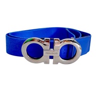 Ferragamo 黑銀色logo皮帶扣 配 藍色真皮 尼龍織花長腰帶皮帶