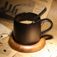 歐式咖啡廳磨砂馬克杯帶勺 黑色咖啡杯配底座創意簡約陶瓷水杯子