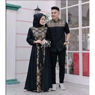 gamis batik kombinasi polos terbaru 2022 modern couple baju muslim - hitam xl