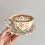 300ml Vintage Distressed Embossed Tulip Coffee Cup & Saucer Set, Reactive Glaze Floral Ceramic Cup F