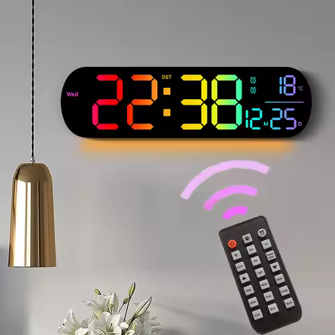 RGB Colorful Large Digital Wall Clock Temperature Date and Week Display Dual Alarm Clock Electronic 