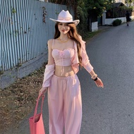 Island Vacation Relaxation Sweet Hot Girl Pink Striped Suit Women Summer Sling Shirt Wide-Leg Pants 