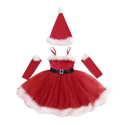 Toddler Little Girl Christmas Outfit Fuzzy Trim Spaghetti Strap Tulle Dress Santa Claus Hat Arm Slee