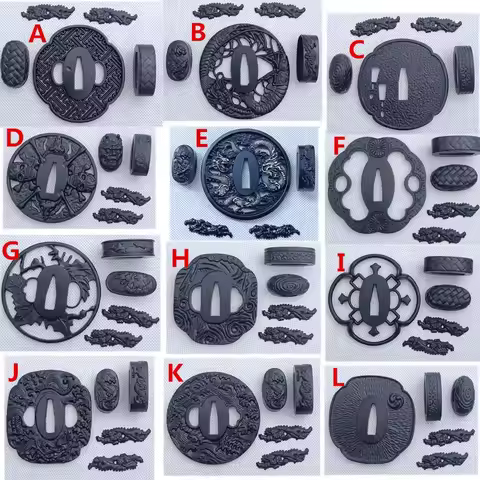 A Set Black Alloy Tsuba FuchI Kashira Fittings For Japanese Samurai Katana Sword Wakizashi Tanto Swo