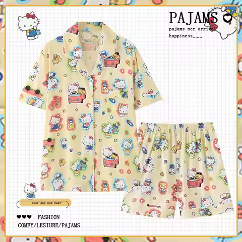 Sanrio Cartoon Kitty Melody V-Neck Short Sleeve Top and Shorts Two-Piece Set Summer Pure Cotton Slee