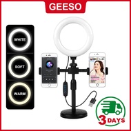 GEESO 2 Phone Holder with Ring Light Tripod Stand with 3 Colors Selfie Ring LED Light Circle Light f