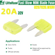 100PCS Littelfuse 20A 32V Fast-Acting MINI Blade fuse LF 32Vdc 20Amp 0297020.WXNV Yellow Transparent