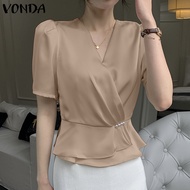 VONDA เสื้อเบลาส์เก็บเอวคอวีผู้หญิงที่สง่างามเสื้อแขนสั้นสีพื้นสำหรับใส่ในที่ทำงาน (ลำลองเกาหลี)
