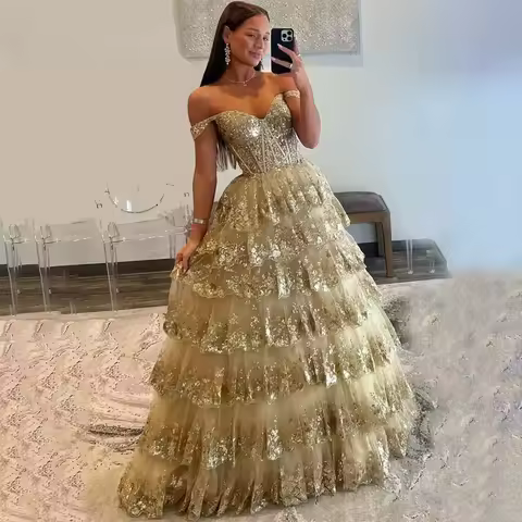 Customized Luxury Puffy Gold Evening Dress Off Shoulder Vestidos De Noche Sweetheart Layered Prom Dr