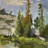 Oil painting of the pines on the lake, 6x4 in
