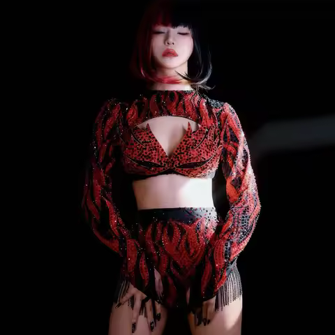 New Red Black Rhinestones Pole Dance Clothing Women Party Jazz Dance Rave Outfit Bar Nightclub DJ Go