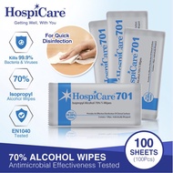 HospiCare 701 Alcohol Wipes (70% v/v) 1s x 100 sheets-Individual packaging 🩺