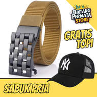 Sabuk Pria Gratis Topi - Ikat Pinggang Nylon Kanvas Kepala Besi Import (BPS-TOPI/SBK004)