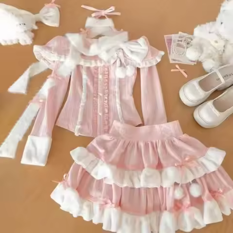 IMU Winter Sweet Lolita Princess Kawaii Elegant Women's Suit Y2k Bow Pink Design Warm 2 Piece Set Fe