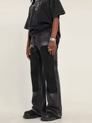 High Street สี Match Patchwork Baggy Denim กางเกงผู้ชาย Hip Hop หลวม Casual Flare กางเกงขนาดใหญ่ Unisex กางเกงยีนส์