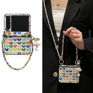 Cute Korean Heart Pattern Case with Crossbody Colorful Chain Cloud Pendant for Samsung Galaxy Z Flip