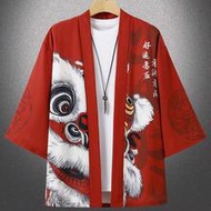 Chinese Style Awakening Lion Print 3/4 Sleeve Robe, New Chinese Loose Fit Sunscreen Cardigan, Men's 