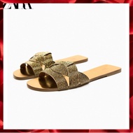 [2023 new] spot ZARA new summer women's shoes 2023 Golden bright cross-band flat heel sandals casual rhinestone beach sandals flat bottom