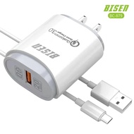 BISEN Fast Charger with USB Data Cable for VIVO Y11 Y12 Y15 Y17 Y15A Y15S Y20i Y20S Y12S Y91 Y91C Y1S Y53 Y55 V7 Plus Y31 Y30 Y71 Y81 S1 Pro Y33S Y21T 20W QC 3.0 Adapter Travel Quick Charging USB Wall Charger Set Micro USB V8 / Type C / Lighting Cable