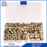 DIY Tool Box Set M3 M4 M5 M6 M8 M10 M12 Zinc Rivet Nuts Flat Head Knurled Screw Zinc-Alloy Kit