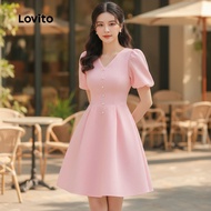 (trendy2)Lovito Elegant Dress Zipper Button Front Button Good Texture Spring/summer Pink Dress for W