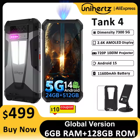 Unihertz by 8849 Tank 4 Smartphone 5G Built-in 720P Projector 512GB ROM 24GB RAM 11600mAh Dimensity