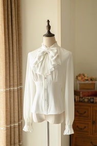 Original Forest Closet คอตั้งฤดูใบไม้ผลิและฤดูใบไม้ร่วง JSK เสื้อเชิ้ตคลุมคอสไตล์ฝรั่งเศสคลาสสิกสำหร