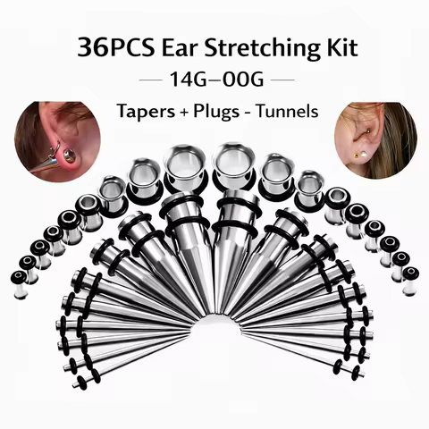 36PCS Stainless Steel Ear Stretching Kit 14G-00G Tapers with Single Flare Plugs & Tunnels Gauge Set