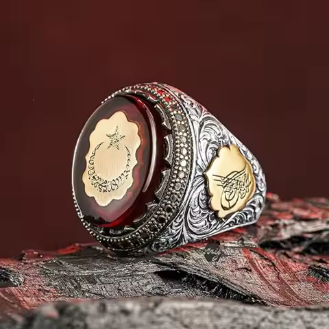 Vintage Turkish Handmade Men Star Moon Ring Brown Large Zircon Ring Middle East Ramadan Rings Men We