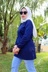 Baju Wanita Fashion wanita Kaos Wanita Atasan Wanita TUNIK POLOS NAVY BELAH PINGGIR TANGAN KERUT  SI