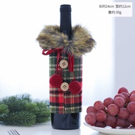 Christmas Dining Table Wine Bottle Bow Fur Collar Red Wine Bottle Cover Linen Plaid Red Wine Cover W