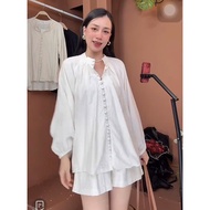 S247 WOMEN'S SET: SLEEVED SHIRT WITH BUTTONED SLEEVES WITH WOOD-GRADE LINEN SHORTS FREESIZE