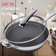 34CM SUS316 Stainless Steel Non Stick Double Sided Honeycomb Cooking Frying Pan Wok