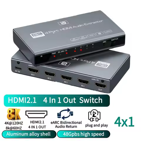 4*1 8K HDMI2.1 Switch 8K@60Hz 4K@120Hz,4 In 1 Out HDMI2.1 Switcher Support 48Gbps HDR10+ Dolby HD/DT