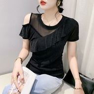 Yimei Áo thun nữ Quảng Châu xinh đẹp áo thun lá ngắn tay diềm đăng ten dáng ôm Mới Mùa Hè Áo Áo lưới